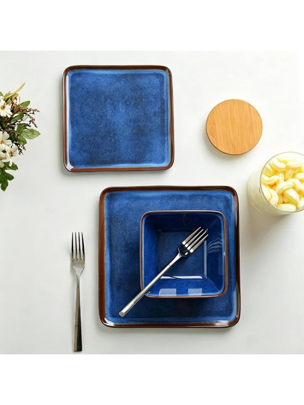 12-Piece Melamine Dinnerware Set - Blue Square Plates & Bowls for 4 People